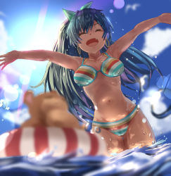 Rule 34 | 1girl, :d, ^ ^, absurdres, animal, bikini, black hair, breasts, closed eyes, day, earrings, fang, ganaha hibiki, green ribbon, hair ribbon, hamster, hamuzou, high ponytail, highres, idolmaster, idolmaster (classic), jewelry, long hair, medium breasts, multicolored bikini, multicolored clothes, multicolored stripes, navel, ocean, open mouth, outstretched arms, partially submerged, plaster (2501), ponytail, ribbon, smile, solo, striped bikini, striped clothes, swimsuit, wet