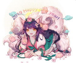 Rule 34 | 1girl, 2019, :d, ahri (league of legends), animal, animal ear fluff, animal ears, boar, braid, brown eyes, brown hair, chinese zodiac, cloud, commentary, english commentary, fangs, fingernails, flower, fox ears, fox girl, fox tail, fur collar, hair flower, hair ornament, happy new year, hayanpool, highres, holding, holding animal, league of legends, long hair, nail polish, new year, open mouth, pink flower, pink nails, red footwear, shoes, smile, socks, solo, tail, very long hair, white flower, white socks, year of the pig