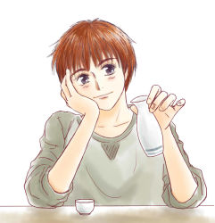 Rule 34 | 1girl, aimigogo, alcohol, arm support, arm up, blue eyes, blush, casual, choko (cup), commentary request, cup, hand on own cheek, hand on own face, head tilt, holding, izumi noa, kidou keisatsu patlabor, light smile, red hair, sake, short hair, simple background, sitting, solo, tokkuri, white background