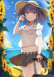 Rule 34 | 1girl, bad id, bad pixiv id, bare shoulders, bikini, bikini top only, bikini under clothes, black bikini, black skirt, blouse, blue sky, blush, closed mouth, collarbone, commentary request, day, field, fingernails, flower, flower field, groin, hair between eyes, hair ribbon, hat, highres, holding, looking at viewer, moe2018, nail polish, nanananana, navel, off-shoulder blouse, off shoulder, orange ribbon, original, outdoors, pink nails, puffy short sleeves, puffy sleeves, purple eyes, purple hair, ribbon, rolling suitcase, see-through, shirt, short sleeves, skirt, sky, smile, solo, standing, suitcase, sun hat, sunflower, sunflower field, swimsuit, two side up, white shirt
