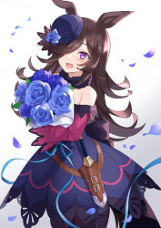 Rule 34 | 100, 100percent park, 1girl, absurdres, animal ears, arms at sides, asymmetrical hair, backlighting, belt, blue dress, blue flower, blue hat, blue light, blue rose, bouquet, breasts, commentary request, dagger, dress, fire, flower, flying, fur collar, hair between eyes, hair over one eye, hat, hat flower, highres, horse ears, horse girl, horse tail, knife, light blush, lightning glare, long hair, long sleeves, looking at viewer, multicolored clothes, multicolored dress, off-shoulder dress, off shoulder, open mouth, petals, purple eyes, purple fire, rice shower (umamusume), rose, scabbard, sheath, simple background, small breasts, smile, solo, standing, tail, umamusume, weapon, white background