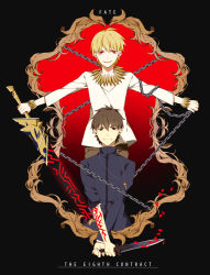 Rule 34 | 2boys, azoth knife, blonde hair, bracelet, brown eyes, brown hair, chain, command spell, cross, cross necklace, dagger, ea (fate/stay night), fate/zero, fate (series), gilgamesh (fate), jewelry, knife, kotomine kirei, male focus, multiple boys, naname13, necklace, official alternate costume, red eyes, spoilers, weapon