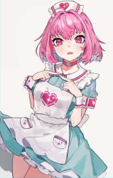 1girl apron blue_dress blue_eyes choker dress fang frilled_apron frills hat highres idolmaster idolmaster_cinderella_girls looking_at_viewer multicolored_hair nurse_cap pink_choker pink_eyes pink_hair simple_background solo u_tnmn white_apron wrist_cuffs yumemi_riamu