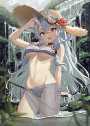 Rule 34 | 1girl, bandeau, bare shoulders, baseness, bikini, black choker, black hair, blush, breasts, choker, cowboy shot, fang, flower, foliage, hair between eyes, hat, hat flower, highres, horns, light purple hair, long hair, looking at viewer, medium breasts, mole, mole on thigh, mole under mouth, multicolored hair, navel, nijisanji, oni, open mouth, outdoors, pointy ears, purple bikini, purple eyes, rindou mikoto, sarong, see-through, see-through sarong, short eyebrows, side-tie bikini bottom, side-tie bottom, skin-covered horns, skin fang, smile, solo, strapless, strapless bikini, straw hat, streaked hair, string bikini, swimsuit, thick eyebrows, two-tone hair, underboob, virtual youtuber, wading, water, waterfall, wet
