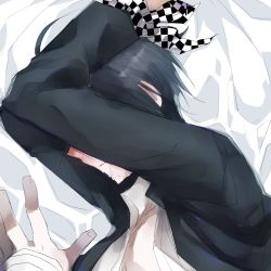Rule 34 | 2boys, ahoge, arm support, arms up, bed sheet, black jacket, black scarf, blush, bound, bound wrists, checkered clothes, checkered scarf, collared shirt, commentary request, danganronpa (series), danganronpa v3: killing harmony, jacket, long sleeves, lying, male focus, multiple boys, oma kokichi, open clothes, open jacket, saihara shuichi, saliva, scarf, shirt, solo focus, sumika (rrz03), teeth, unworn neckwear, unworn scarf, upper body, white scarf, white shirt