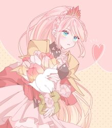 Rule 34 | 1girl, annkoichigo, armor, artist name, blue eyes, bouquet, braid, closed mouth, commentary request, crown braid, dress, eyelashes, flower, heart, high ponytail, highres, holding, holding bouquet, long hair, multicolored background, pink background, pink hair, shionne (tales), shoulder armor, solo, tales of (series), tales of arise, twitter username, watermark