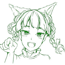 Rule 34 | 1girl, animal ears, bow, braid, cat ears, green theme, hair bow, hi you (flying bear), kaenbyou rin, monochrome, open mouth, short hair, simple background, smile, solo, touhou, twin braids, white background