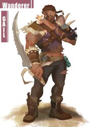 Rule 34 | 1boy, animal, animal on shoulder, bara, boots, brown footwear, brown hair, check copyright, copyright request, covered erect nipples, dark-skinned male, dark skin, facial hair, feeding, full body, goatee, groin, highres, holding, holding sword, holding weapon, large hands, large pectorals, linrz aran, long hair, looking at viewer, male focus, midriff peek, mouse (animal), muscular, muscular male, navel hair, original, pants, pectorals, scar, shoulder spikes, solo, spikes, standing, sword, torn clothes, torn pants, undercut, weapon