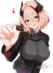Rule 34 | 1girl, azur lane, black dress, black skirt, blonde hair, blush, buttons, candy, chocolate, chocolate heart, cross, crossed bangs, dress, food, hair between eyes, hand up, headgear, heart, highres, holding, holding chocolate, holding food, iron cross, long sleeves, multicolored hair, open mouth, orange eyes, pink nails, reaching, reaching towards viewer, red hair, roon (azur lane), shionootsu, short hair, signature, simple background, skirt, smile, solo, streaked hair, valentine, white background