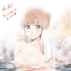Rule 34 | 1girl, alternate hairstyle, breasts, brown hair, dated, domestic na kanojo, folded ponytail, green eyes, hair up, highres, holding, holding towel, large breasts, looking at viewer, nipples, nude, official art, onsen, rock, sasuga kei, sidelocks, smile, solo, tachibana hina, topless, towel