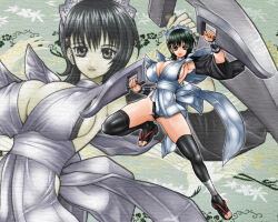 Rule 34 | 1girl, apron, artist request, ass, black hair, breasts, butterfly swords, cameltoe, full body, holding, holding weapon, iroha (samurai spirits), jumping, large breasts, leotard, leotard under clothes, maid, maid headdress, samurai spirits, shiny skin, short hair, snk, strapless, strapless leotard, thong leotard, weapon, white apron, wide hips, zoom layer