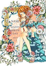 Rule 34 | 1girl, arm tattoo, blue eyes, blue nails, bracelet, commentary request, dated, flower, frilled skirt, frills, hand on own chin, happy birthday, high heels, highres, invisible chair, jewelry, nami (one piece), noise pp, one piece, orange hair, orange nails, sidelocks, sitting, skirt, smile, solo, tattoo