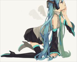 Rule 34 | 1girl, all fours, blue eyes, blue hair, collared shirt, detached sleeves, hand on own chin, hatsune miku, headphones, high heels, kouga 228, long hair, matching hair/eyes, nail polish, necktie, shirt, simple background, skirt, solo, thighhighs, twintails, very long hair, vocaloid, white background, wings
