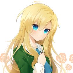 Rule 34 | 1girl, ascot, blonde hair, blue ascot, blue eyes, character name, collared shirt, crying, crying with eyes open, dress, green dress, hair between eyes, highres, holding, holding knife, ib (kouri), kaoruru (sakuno2911), knife, long hair, long sleeves, looking at viewer, mary (ib), parted lips, shirt, solo, tears, upper body, white background, wing collar