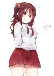 Rule 34 | 10s, 1girl, absurdres, artist name, breast suppress, brown hair, dated, ebina nana, flying sweatdrops, highres, himouto! umaru-chan, looking at viewer, mayuri kaichou, red eyes, scrunchie, skirt, solo, twintails, wavy mouth, white background