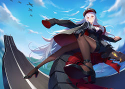 Rule 34 | 1girl, absurdres, aircraft, aircraft carrier, aircraft catapult, airplane, alternate costume, ar (3779609928), azur lane, black gloves, breasts, business suit, cloud, cloudy sky, commission, formal, gloves, graf zeppelin (azur lane), hair between eyes, hat, high heels, highres, jacket, jacket on shoulders, large breasts, long hair, messy hair, military, military hat, military vehicle, necktie, pantyhose, pencil skirt, pixiv commission, red eyes, ship, silver hair, skirt, sky, solo, suit, very long hair, warship, watercraft