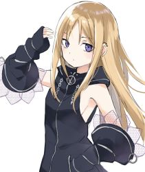Rule 34 | 1girl, armpit crease, blonde hair, breasts, chain, detached sleeves, dot nose, ear piercing, expressionless, facing viewer, fishnets, floating hair, half-closed eyes, hand in pocket, hand up, highres, hood, hood down, jitome, long hair, looking to the side, magia record: mahou shoujo madoka magica gaiden, mahou shoujo madoka magica, parted lips, piercing, purple eyes, sideboob, sidelocks, simple background, sleeveless, small breasts, solo, straight hair, tsubaki (tatajd), upper body, white background, yukino kanae