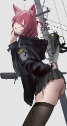 Rule 34 | 1girl, absurdres, ahoge, animal ears, arms behind back, ass, black jacket, cat ears, character request, copyright request, cowboy shot, empty eyes, fang, freng, grey background, highres, holding, holding knife, holding weapon, hood, index finger raised, jacket, knife, long sleeves, looking at viewer, looking to the side, miniskirt, open mouth, original, pleated skirt, red eyes, red hair, ribbon, short hair, side ponytail, skirt, solo, standing, thighhighs, utility pole, weapon, zettai ryouiki