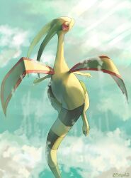 Rule 34 | animal focus, artist name, blue sky, claws, closed mouth, cloud, colored skin, commentary request, creatures (company), flygon, flying, game freak, gen 3 pokemon, green skin, highres, nintendo, no humans, pokemon, pokemon (creature), rongai28, sky, twitter username, wings