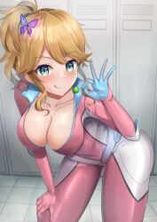 Rule 34 | 1girl, absurdres, blonde hair, blue eyes, blush, bodysuit, breasts, butterfly hair ornament, candy, cleavage, dolphin wave, feet out of frame, food, hair ornament, highres, holding, holding candy, holding food, holding lollipop, izumi kiri, large breasts, locker, locker room, lollipop, long hair, looking at viewer, open bodysuit, open clothes, pink bodysuit, side ponytail, skin tight, smile, solo, waity awa