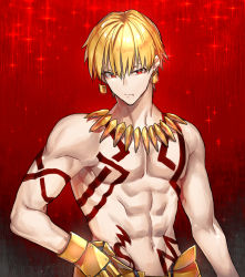Rule 34 | 1boy, bad id, bad pixiv id, blonde hair, closed mouth, fate/stay night, fate (series), gilgamesh (fate), groin, hair between eyes, hand on own hip, highres, looking at viewer, male focus, navel, none (kameko227), red background, red eyes, solo, tattoo, upper body