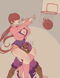 Rule 34 | 1boy, 1girl, absurdres, ball, baseball cap, basketball, basketball (object), blouse, breasts, cleavage, cleavage cutout, clothing cutout, dark-skinned male, dark skin, hair over eyes, hat, heart, highres, kaibuzetta, leg lock, lucky glauber, playing sports, purple shirt, red hair, shermie (kof), shirt, the king of fighters, twintails