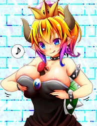 Rule 34 | 1boy, 1girl, blonde hair, blue eyes, bowsette, brooch, choker, crown, highres, humanization, jewelry, mario, mario (series), mii aki, multicolored hair, new super mario bros. u deluxe, nintendo, person between breasts, personification, pointy ears, shell, spiked choker, spiked shell, spikes, super crown, tiara