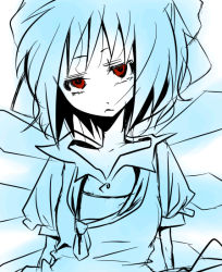 Rule 34 | 1girl, :/, bad id, bad pixiv id, blue theme, cirno, fairy, female focus, head tilt, looking at viewer, red eyes, solo, touhou, untied, wings