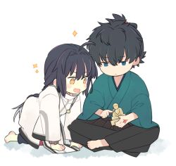 Rule 34 | 1boy, 1other, 87banana, ahoge, amulet, androgynous, black hair, black hakama, blue eyes, blue kimono, braid, braided ponytail, carving, command spell, excited, fate/samurai remnant, fate (series), hair intakes, hakama, holding statuette, indian style, japanese clothes, kimono, sitting, smile, sparkle, statuette, topknot, yellow eyes
