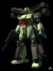 Rule 34 | 3d, absurdres, assault rifle, black background, blender (medium), commentary, english commentary, gun, gundam, gundam unicorn, highres, jetpack, machinery, mecha, missile pod, mjeff, mobile suit, no humans, realistic, rifle, robot, science fiction, signature, solo, stark jegan, thrusters, weapon