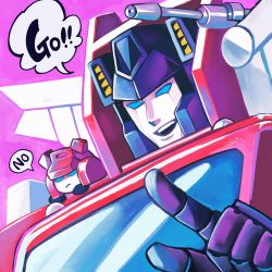 Rule 34 | 2boys, autobot, blue eyes, chibi, cliffjumper, close-up, english text, highres, horns, inferno (transformers), makaron611, multiple boys, no humans, open mouth, pointing, pout, smile, transformers