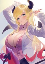 Rule 34 | 1girl, arms up, bat tattoo, blonde hair, blue eyes, blush, breast tattoo, breasts, center opening, cleavage, coat, collared shirt, commentary, demon horns, demon tail, frilled shirt, frills, gradient hair, green eyes, grey background, heart, heart-shaped pupils, highres, hololive, horns, lab coat, large breasts, lips, lipstick, long hair, looking at viewer, makeup, multicolored eyes, multicolored hair, nail polish, namazu (dc 27546), open clothes, open coat, parted bangs, parted lips, pink hair, pink shirt, pointy ears, red nails, shirt, shirt tucked in, simple background, solo, symbol-shaped pupils, tail, tattoo, two-tone hair, upper body, virtual youtuber, white coat, wing collar, yuzuki choco, yuzuki choco (1st costume)
