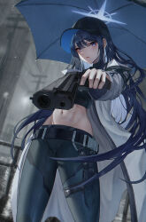 Rule 34 | 1girl, absurdres, aiming, aiming at viewer, armband, baseball cap, belt, black belt, black hair, black hat, black pants, black shirt, blue archive, blue eyes, blurry, buckle, chest harness, coat, crop top, depth of field, foreshortening, groin, gun, halo, handgun, harness, hat, highres, holding, holding gun, holding umbrella, holding weapon, holster, josal, knife sheath, long hair, long sleeves, midriff, no mask, open clothes, open coat, open mouth, outdoors, pants, purple eyes, rain, saori (blue archive), sheath, shirt, sidelocks, sig p220/p226, sig sauer, snap-fit buckle, solo, standing, stomach, thigh holster, thighs, turtleneck, umbrella, underbust, weapon, white coat