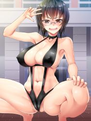 Rule 34 | 10s, 1girl, black hair, blush, breasts, brown eyes, cameltoe, covered erect nipples, girls und panzer, glasses, highres, huge breasts, kawashima momo, navel, open mouth, short hair, solo, spread legs, swimsuit, youshuu