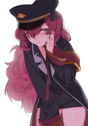 Rule 34 | 1girl, black hat, black jacket, black shirt, blue archive, blush, collarbone, collared shirt, commentary request, eyes visible through hair, fei (1042471593), grey eyes, hair between eyes, hat, highres, iroha (blue archive), jacket, long sleeves, looking at viewer, necktie, red hair, red necktie, shirt, simple background, sleeves past fingers, sleeves past wrists, solo, thighs, white background