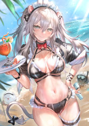 Rule 34 | 1girl, animal ears, beach, bikini, black bikini, black bow, black nails, bow, bowtie, breasts, bridal garter, closed mouth, cowboy shot, crazy straw, cup, day, drinking glass, drinking straw, ear piercing, fang, fang out, grey eyes, grey hair, himonoata, holding, holding tray, holding water gun, hololive, lion ears, lion girl, lion tail, long hair, looking at viewer, maid headdress, multi-strapped bikini, nail polish, navel, o-ring, o-ring bikini, outdoors, piercing, puffy short sleeves, puffy sleeves, red bow, red bowtie, shishiro botan, short sleeves, solo, ssrb (shishiro botan), standing, stomach, summer, swimsuit, tail, tail bow, tail ornament, tray, tropical drink, two side up, virtual youtuber, water gun