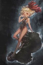 1girl absurdres bare_shoulders barefoot black_dress blonde_hair china_dress chinese_clothes commentary_request darkness dress flat_chest full_body highres looking_at_viewer monster pointy_ears red_eyes rumia short_hair solo toes touhou yst