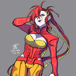 Rule 34 | 1girl, autobot, belt, blue eyes, breasts, cleavage, cleavage cutout, clothing cutout, gender request, genderswap, long hair, medium breasts, personification, red hair, rodimus, solo, transformers