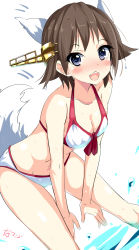 Rule 34 | 10s, 1girl, animal ears, bikini, blue eyes, breasts, brown hair, cleavage, hairband, halterneck, hiei (kancolle), highres, kantai collection, medium breasts, natsu (anta tte hitoha), open mouth, smile, solo, swimsuit, tail