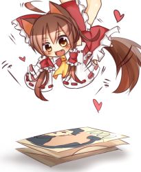 Rule 34 | 1girl, :d, afterimage, ahoge, animal ears, ascot, blush, bow, brown eyes, brown hair, chibi, detached sleeves, fang, female focus, flapping, hair bow, hair tubes, hakurei reimu, heart, holding, mini person, minigirl, money, motion lines, open mouth, sleeves past wrists, smile, solo, tail, tail wagging, tosura-ayato, touhou