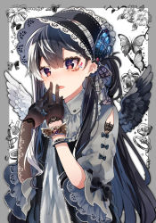 Rule 34 | 1girl, animal, asymmetrical gloves, asymmetrical wings, black hair, black hat, black wings, blush, bonnet, brown gloves, bug, butterfly, commentary request, dress, ear piercing, elbow gloves, facial mark, fang, feathered wings, gloves, grey shirt, hair between eyes, hands up, hat, head tilt, highres, ikeuchi tanuma, insect, jewelry, long sleeves, mismatched wings, multicolored hair, open mouth, original, piercing, puffy long sleeves, puffy sleeves, ring, shirt, single elbow glove, solo, two-tone hair, uneven gloves, upper body, white dress, white hair, white wings, wings