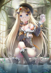 Rule 34 | abigail williams (fate), absurdres, bandaid, bandaid on face, bandaid on forehead, black bow, black headwear, black shirt, blonde hair, blue eyes, blush, bow, breasts, camisole, collar, crossed bandaids, crossed legs, fate/grand order, fate (series), feet, forehead, glasses, hair bow, highres, holding, holding stuffed toy, key, lavinia whateley (fate), legs, long hair, looking at viewer, off shoulder, open mouth, orange bow, parted bangs, pedo0201, polka dot, polka dot bow, ribbed shirt, shirt, sitting, small breasts, stuffed animal, stuffed toy, teddy bear, thighs, water, white camisole, window