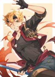 Rule 34 | 1boy, absurdres, ahoge, arm guards, arm up, armor, belt, black shirt, blonde hair, blue pants, commentary, cropped jacket, dog tags, earrings, fire, forehead protector, genshin impact, green eyes, grin, hair between eyes, hair ornament, hair tie, highres, holding, holding polearm, holding weapon, jacket, japanese armor, jewelry, kado 51, looking at viewer, male focus, necklace, one eye closed, pants, polearm, ponytail, red jacket, shirt, short hair with long locks, smile, solo, spear, stud earrings, tassel, teeth, the catch (genshin impact), thoma (genshin impact), weapon