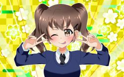 Rule 34 | 1girl, ;), ;p, alternate hairstyle, bad id, bad twitter id, black necktie, blue sweater, brown eyes, brown hair, checkered background, closed mouth, double v, dress shirt, egasumi, girls und panzer, hair ornament, hairclip, highres, light rays, long sleeves, looking at viewer, medium hair, necktie, one eye closed, rukuriri (girls und panzer), sakuramon, school uniform, shirt, smile, solo, st. gloriana&#039;s school uniform, sweater, tanutika, tongue, tongue out, twintails, v, v-neck, white shirt, wing collar, yellow background