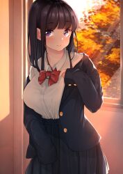 Rule 34 | 1girl, autumn, backlighting, black hair, black jacket, black skirt, blazer, blunt bangs, blush, bow, bowtie, closed mouth, collared shirt, commentary request, cowboy shot, day, hand on own chest, high-waist skirt, highres, indoors, jacket, long hair, long sleeves, medium skirt, off shoulder, open clothes, open jacket, original, pleated skirt, purple eyes, red bow, red bowtie, sakura no tomoru hi e, school uniform, shirt, shirt tucked in, skirt, sleeves past wrists, smile, solo, standing, sunlight, tree, white shirt, window