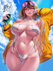 Rule 34 | 1girl, absurdres, ahoge, anis (nikke), anis (sparkling summer) (nikke), artychoi, aviator sunglasses, bare shoulders, bikini, blush, breasts, breasts apart, brown hair, can, collarbone, drink can, eyepatch bikini, eyewear on head, goddess of victory: nikke, highres, holding, holding can, jacket, jewelry, large breasts, lips, looking at viewer, navel, necklace, official alternate costume, open mouth, orange eyes, pink-tinted eyewear, shiny skin, short hair, skindentation, smile, soda can, solo, standing, star (symbol), star necklace, sunglasses, sweat, swimsuit, teeth, thighs, tinted eyewear, underboob, white bikini, yellow jacket
