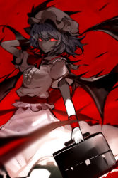 Rule 34 | 1girl, arm up, ascot, bat wings, blue hair, bow, briefcase, dark, frills, glowing, glowing eyes, hat, hat bow, kozou (soumuden), long skirt, looking at viewer, mob cap, puffy sleeves, red background, red eyes, remilia scarlet, shirt, short hair, short sleeves, simple background, skirt, skirt set, smile, solo, touhou, vest, wings, wrist cuffs
