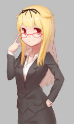 Rule 34 | 10s, 1girl, blonde hair, formal, glasses, gradient hair, hair flaps, hair ornament, hair ribbon, hairclip, hand on own hip, highres, kantai collection, long hair, multicolored hair, pencil skirt, red-framed eyewear, red eyes, red mapleleaf, ribbon, simple background, sketch, skirt, skirt suit, solo, straight hair, suit, yuudachi (kancolle), yuudachi kai ni (kancolle)