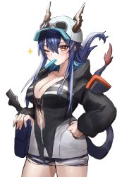 Rule 34 | 1girl, arknights, baseball cap, black jacket, blue hair, breasts, ch&#039;en (arknights), ch&#039;en the holungday (arknights), cleavage, cowboy shot, dragon girl, dragon horns, dragon tail, eyewear on headwear, folded ponytail, food, food in mouth, hair between eyes, hand on own hip, hat, highres, horn/wood, horns, horns through headwear, jacket, large breasts, long hair, looking at viewer, official alternate costume, one eye closed, open mouth, partially unzipped, popsicle, red eyes, simple background, solo, sunglasses, tail, white background, white hat