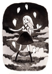 Rule 34 | 1girl, arms up, commentary, english commentary, full body, ghost, grass, greyscale, heikala, highres, inktober, kneehighs, long hair, monochrome, neckerchief, night, original, outdoors, outstretched arms, shirt, short sleeves, skirt, smile, socks, solo, spread arms, standing